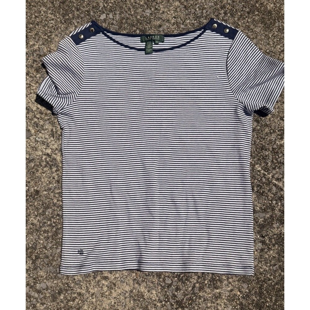 Lauren Ralph Lauren Navy Striped Cotton Boatneck Tee T-Shirt Short Sleeve M